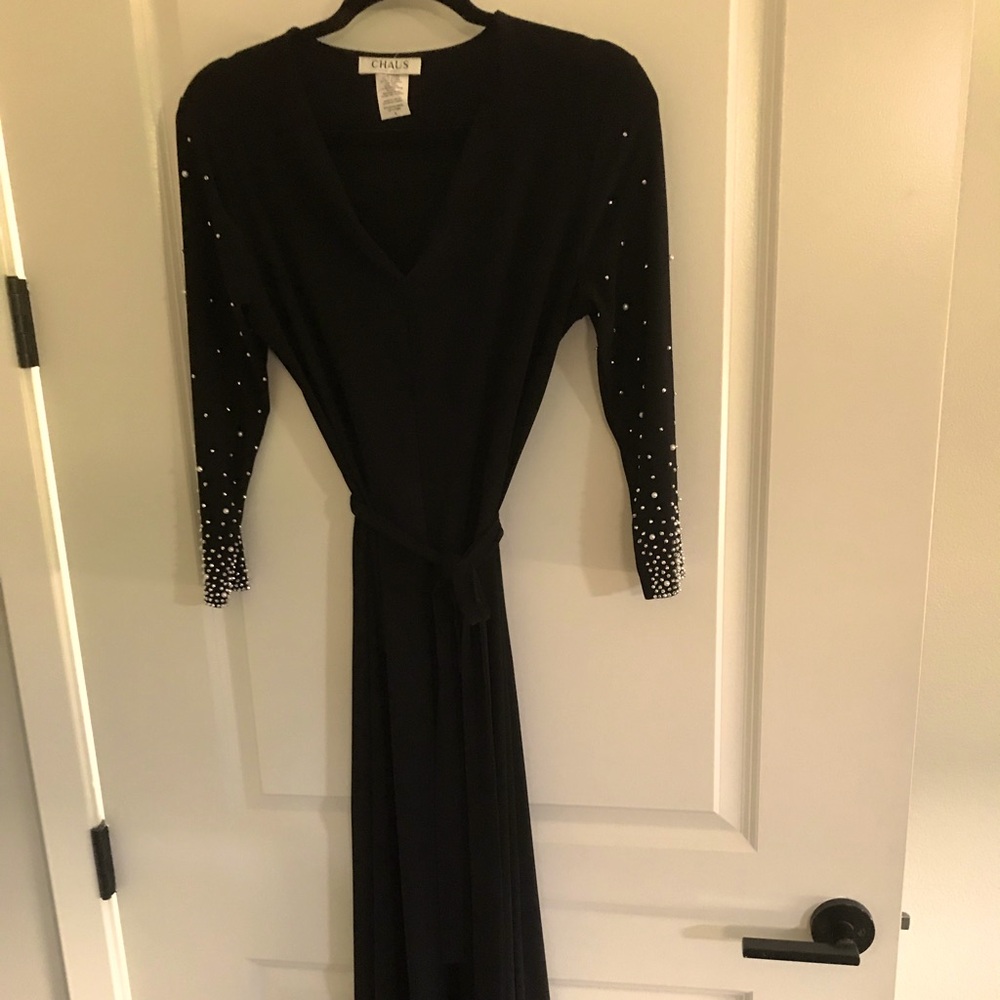 BLACK V NECK DRESS,MIDI LENGTH , EMBELLISHMENTS ON SLEEVES
